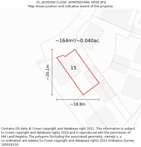 15, JACKDAW CLOSE, WYMONDHAM, NR18 9FQ: Plot and title map