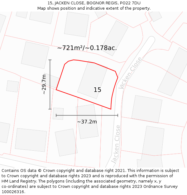 15, JACKEN CLOSE, BOGNOR REGIS, PO22 7DU: Plot and title map