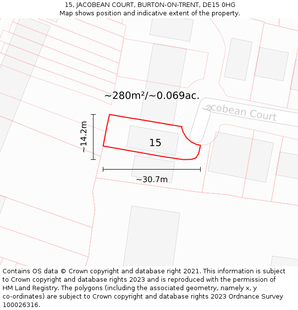 15, JACOBEAN COURT, BURTON-ON-TRENT, DE15 0HG: Plot and title map