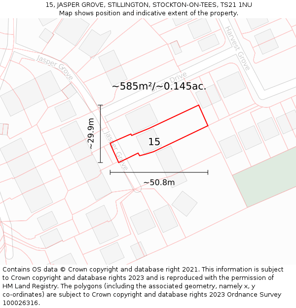 15, JASPER GROVE, STILLINGTON, STOCKTON-ON-TEES, TS21 1NU: Plot and title map