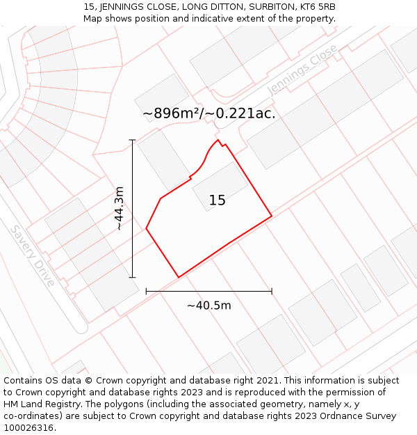 15, JENNINGS CLOSE, LONG DITTON, SURBITON, KT6 5RB: Plot and title map