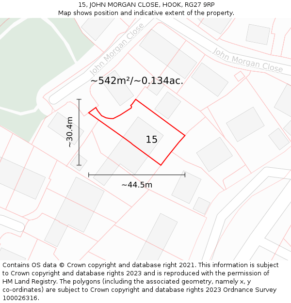 15, JOHN MORGAN CLOSE, HOOK, RG27 9RP: Plot and title map
