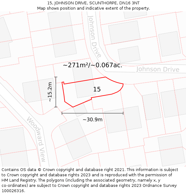 15, JOHNSON DRIVE, SCUNTHORPE, DN16 3NT: Plot and title map