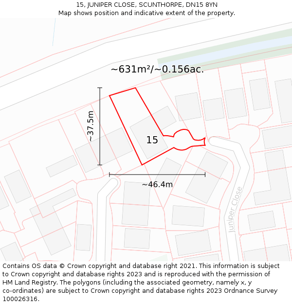 15, JUNIPER CLOSE, SCUNTHORPE, DN15 8YN: Plot and title map