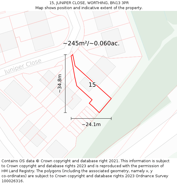 15, JUNIPER CLOSE, WORTHING, BN13 3PR: Plot and title map