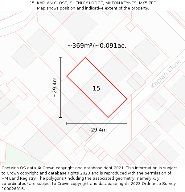 15, KAPLAN CLOSE, SHENLEY LODGE, MILTON KEYNES, MK5 7ED: Plot and title map