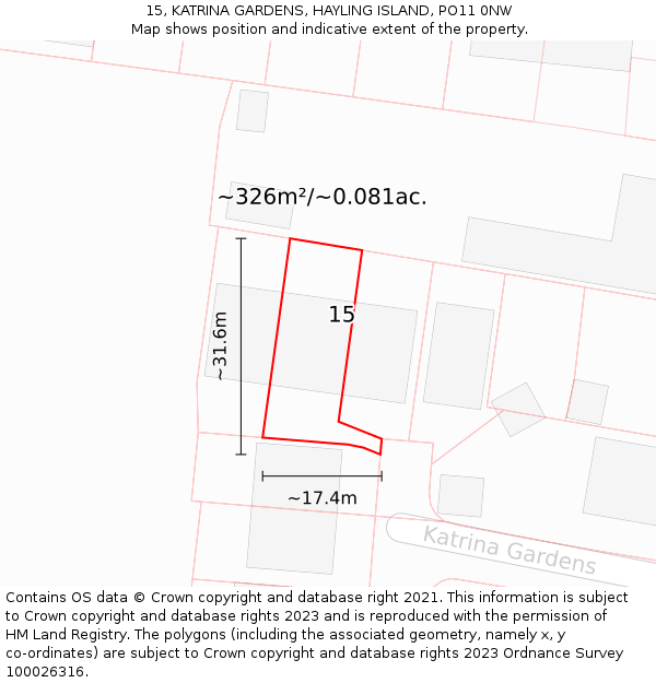 15, KATRINA GARDENS, HAYLING ISLAND, PO11 0NW: Plot and title map