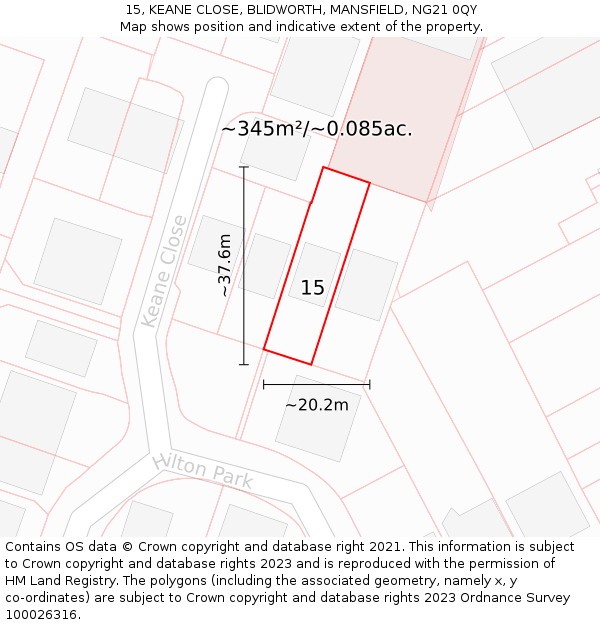15, KEANE CLOSE, BLIDWORTH, MANSFIELD, NG21 0QY: Plot and title map