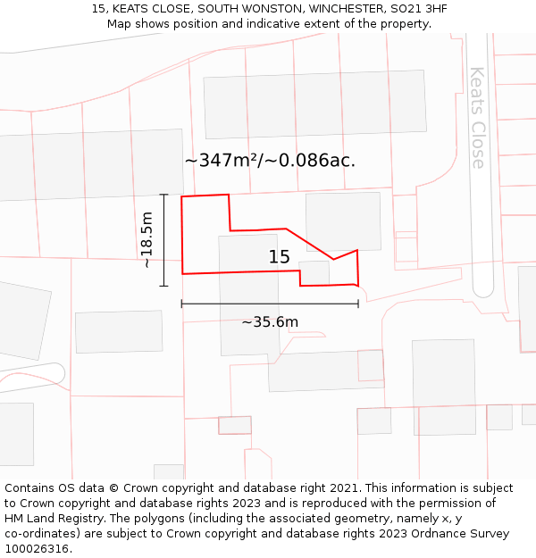 15, KEATS CLOSE, SOUTH WONSTON, WINCHESTER, SO21 3HF: Plot and title map