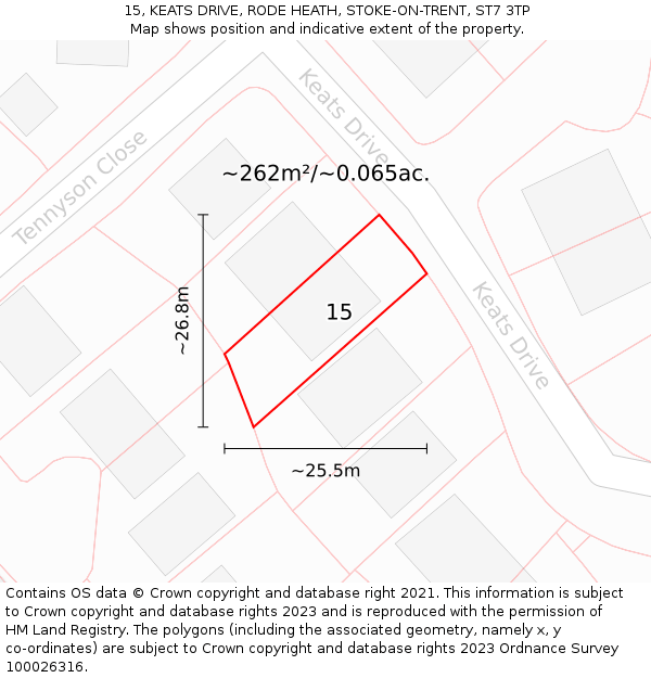15, KEATS DRIVE, RODE HEATH, STOKE-ON-TRENT, ST7 3TP: Plot and title map