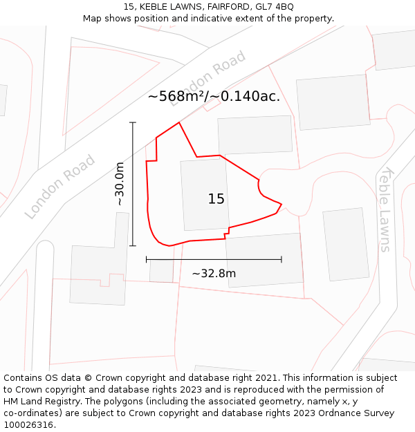 15, KEBLE LAWNS, FAIRFORD, GL7 4BQ: Plot and title map