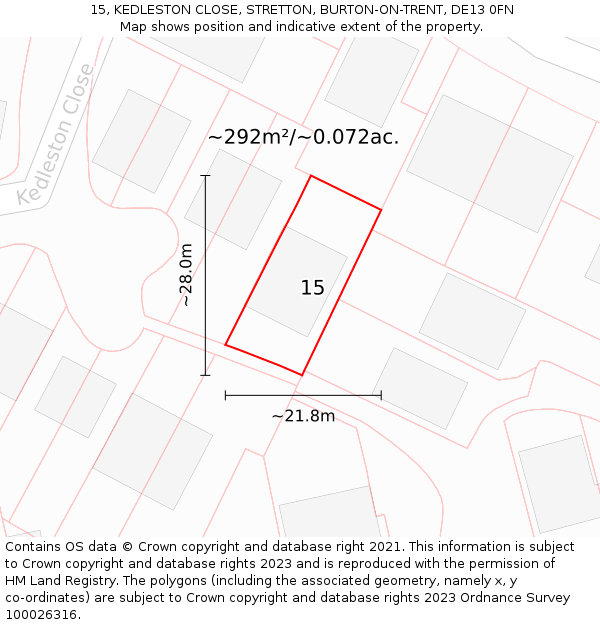 15, KEDLESTON CLOSE, STRETTON, BURTON-ON-TRENT, DE13 0FN: Plot and title map