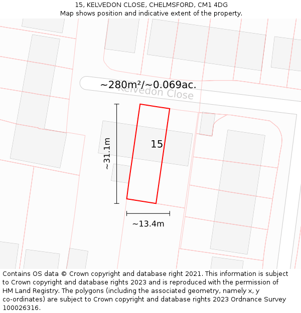 15, KELVEDON CLOSE, CHELMSFORD, CM1 4DG: Plot and title map