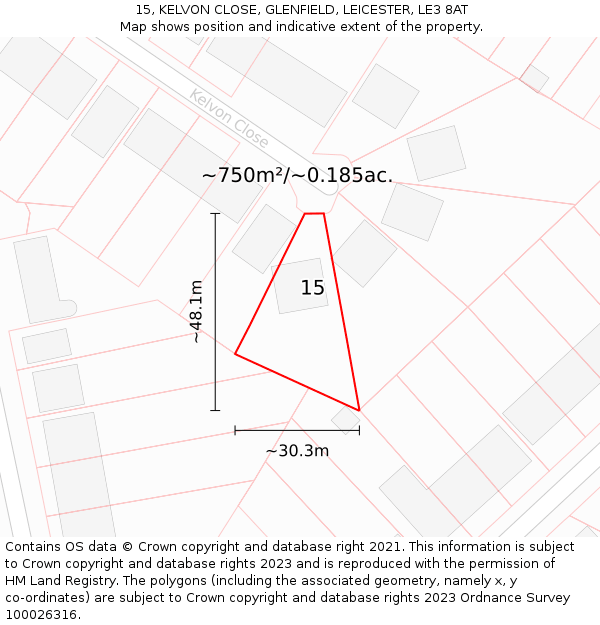15, KELVON CLOSE, GLENFIELD, LEICESTER, LE3 8AT: Plot and title map