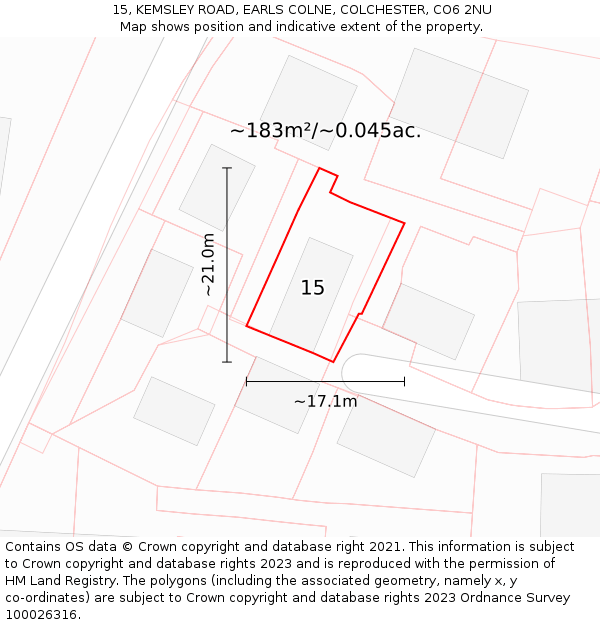 15, KEMSLEY ROAD, EARLS COLNE, COLCHESTER, CO6 2NU: Plot and title map