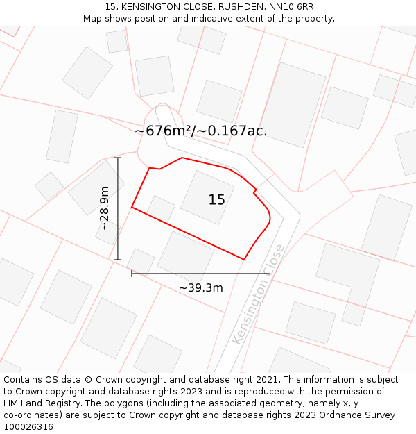 15, KENSINGTON CLOSE, RUSHDEN, NN10 6RR: Plot and title map