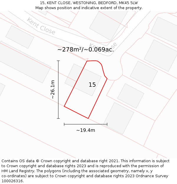 15, KENT CLOSE, WESTONING, BEDFORD, MK45 5LW: Plot and title map