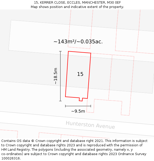 15, KERRIER CLOSE, ECCLES, MANCHESTER, M30 0EF: Plot and title map
