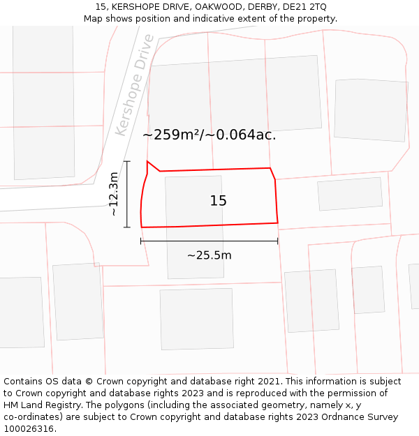 15, KERSHOPE DRIVE, OAKWOOD, DERBY, DE21 2TQ: Plot and title map