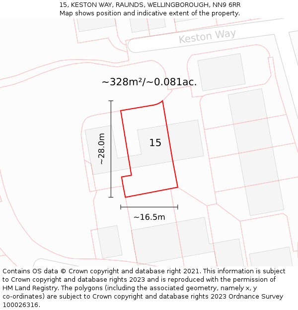 15, KESTON WAY, RAUNDS, WELLINGBOROUGH, NN9 6RR: Plot and title map