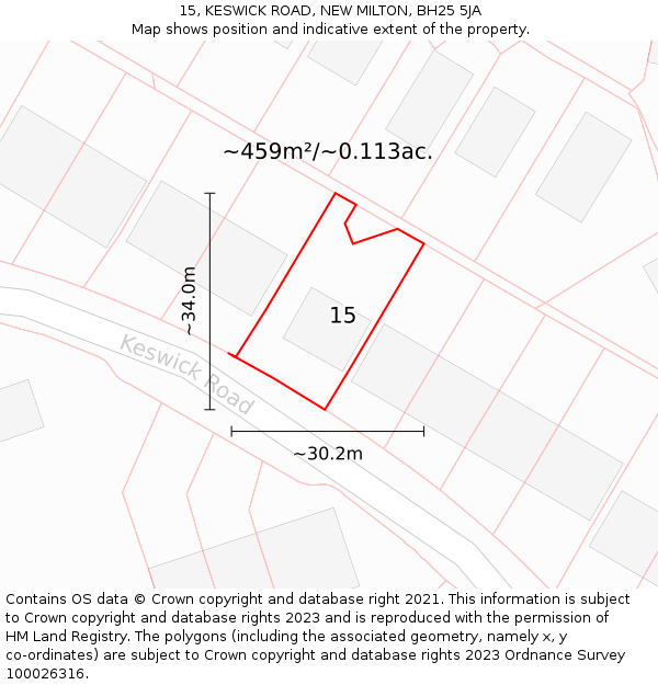 15, KESWICK ROAD, NEW MILTON, BH25 5JA: Plot and title map