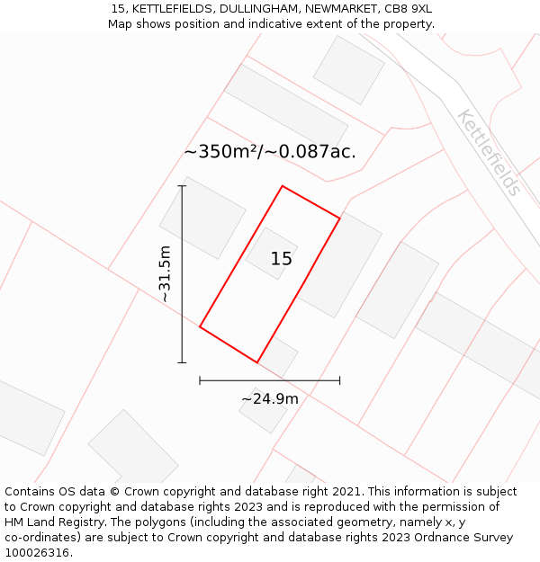 15, KETTLEFIELDS, DULLINGHAM, NEWMARKET, CB8 9XL: Plot and title map