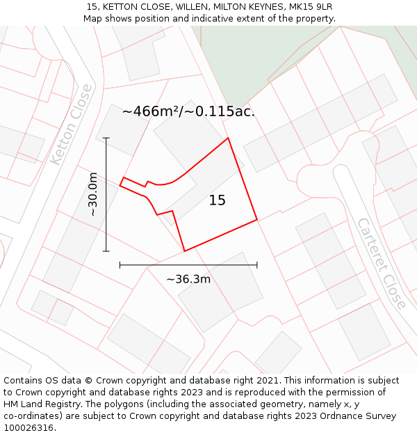 15, KETTON CLOSE, WILLEN, MILTON KEYNES, MK15 9LR: Plot and title map