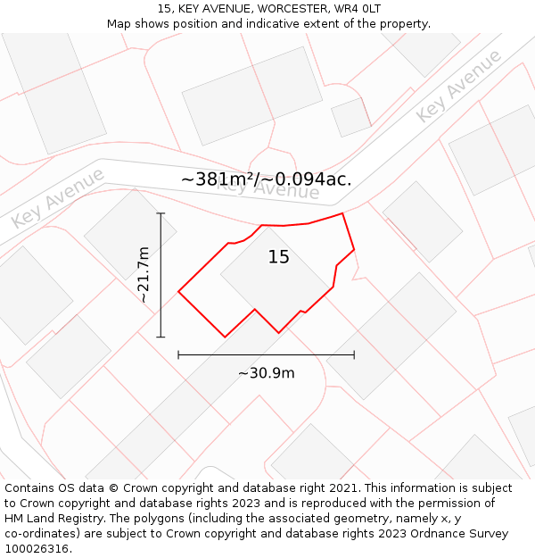 15, KEY AVENUE, WORCESTER, WR4 0LT: Plot and title map