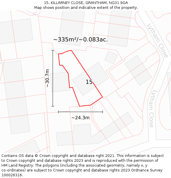 15, KILLARNEY CLOSE, GRANTHAM, NG31 9GA: Plot and title map