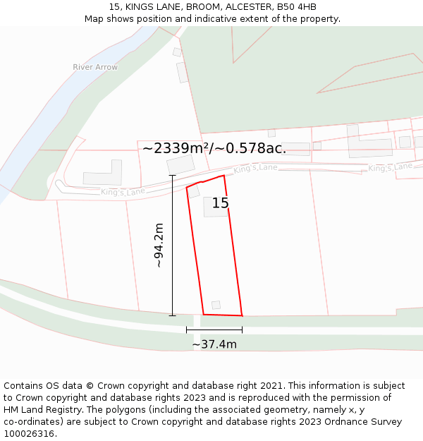 15, KINGS LANE, BROOM, ALCESTER, B50 4HB: Plot and title map