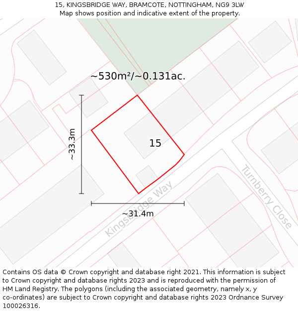 15, KINGSBRIDGE WAY, BRAMCOTE, NOTTINGHAM, NG9 3LW: Plot and title map
