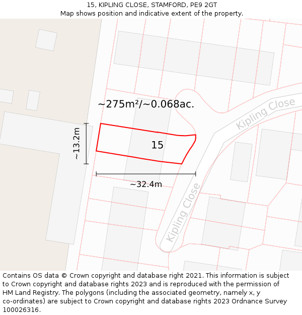 15, KIPLING CLOSE, STAMFORD, PE9 2GT: Plot and title map