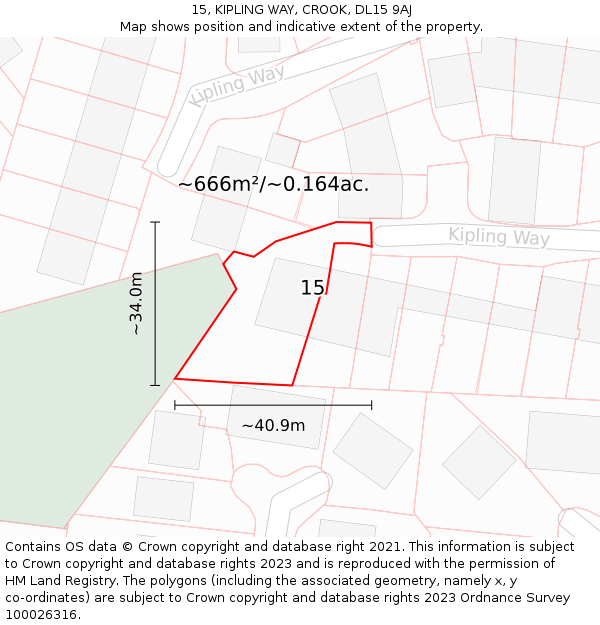 15, KIPLING WAY, CROOK, DL15 9AJ: Plot and title map
