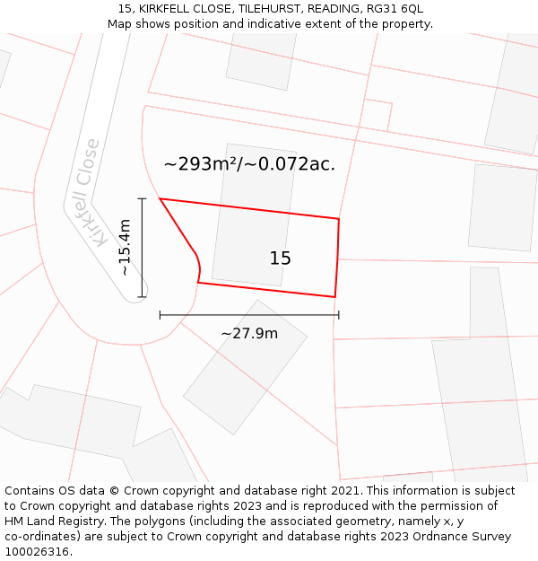 15, KIRKFELL CLOSE, TILEHURST, READING, RG31 6QL: Plot and title map
