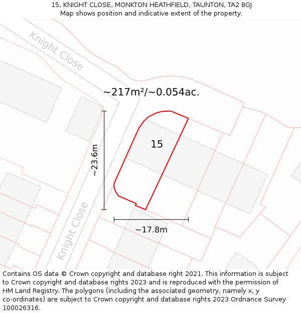 15, KNIGHT CLOSE, MONKTON HEATHFIELD, TAUNTON, TA2 8GJ: Plot and title map