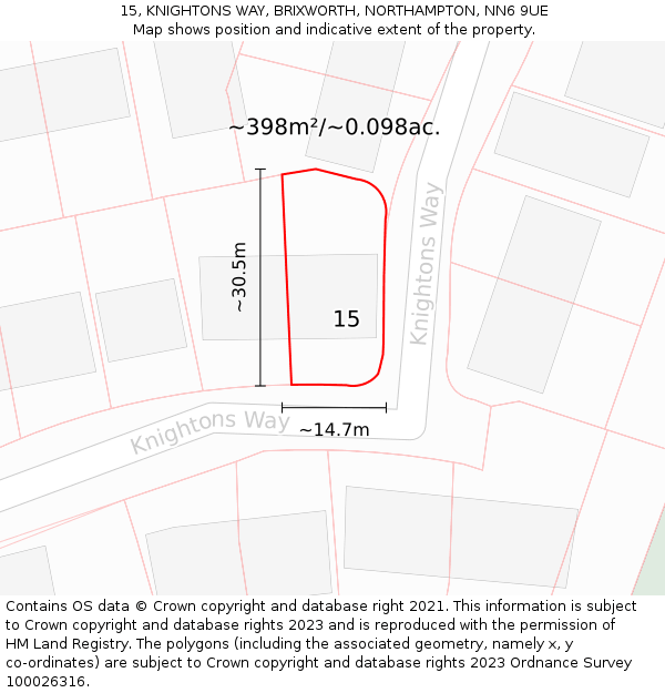 15, KNIGHTONS WAY, BRIXWORTH, NORTHAMPTON, NN6 9UE: Plot and title map