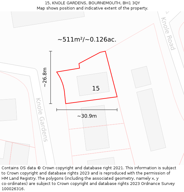 15, KNOLE GARDENS, BOURNEMOUTH, BH1 3QY: Plot and title map