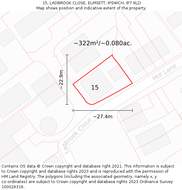 15, LADBROOK CLOSE, ELMSETT, IPSWICH, IP7 6LD: Plot and title map