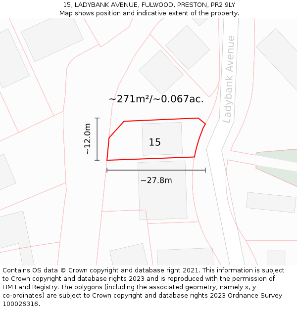 15, LADYBANK AVENUE, FULWOOD, PRESTON, PR2 9LY: Plot and title map