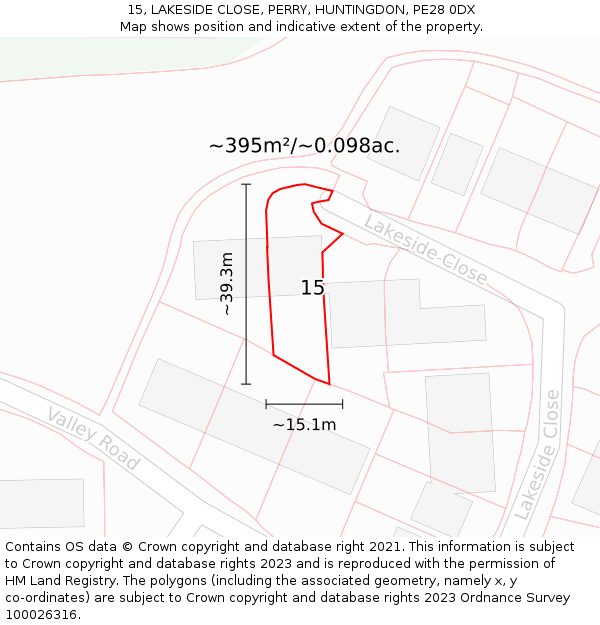 15, LAKESIDE CLOSE, PERRY, HUNTINGDON, PE28 0DX: Plot and title map