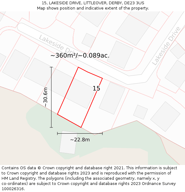 15, LAKESIDE DRIVE, LITTLEOVER, DERBY, DE23 3US: Plot and title map