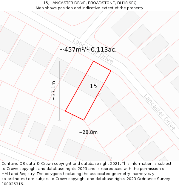 15, LANCASTER DRIVE, BROADSTONE, BH18 9EQ: Plot and title map