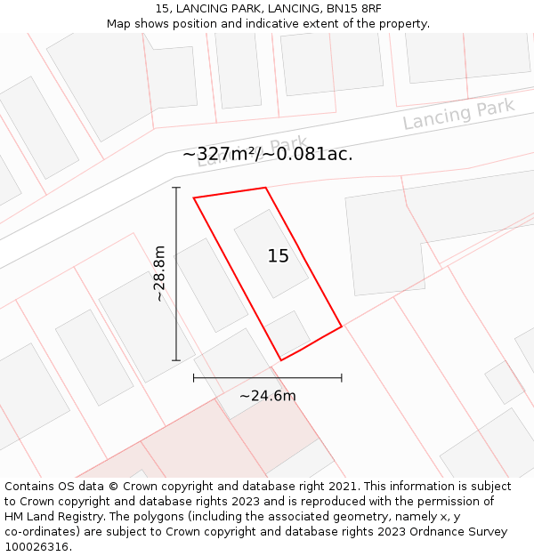 15, LANCING PARK, LANCING, BN15 8RF: Plot and title map