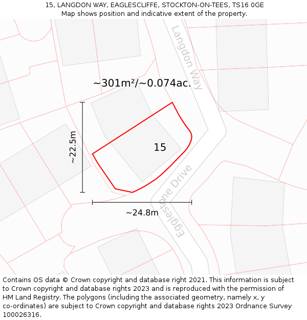15, LANGDON WAY, EAGLESCLIFFE, STOCKTON-ON-TEES, TS16 0GE: Plot and title map