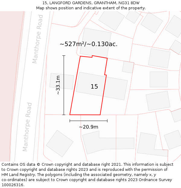 15, LANGFORD GARDENS, GRANTHAM, NG31 8DW: Plot and title map