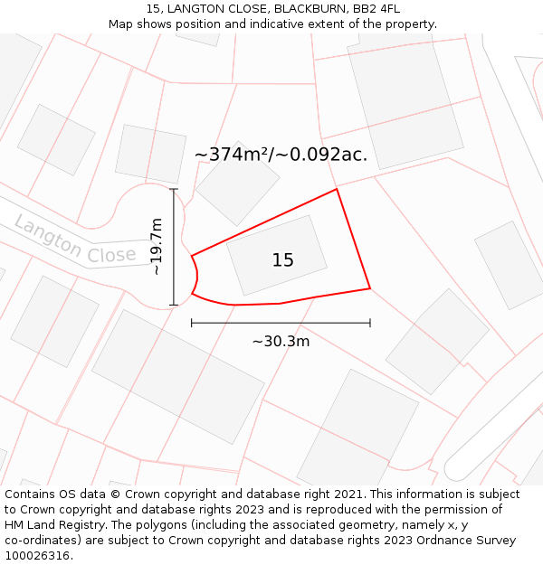 15, LANGTON CLOSE, BLACKBURN, BB2 4FL: Plot and title map