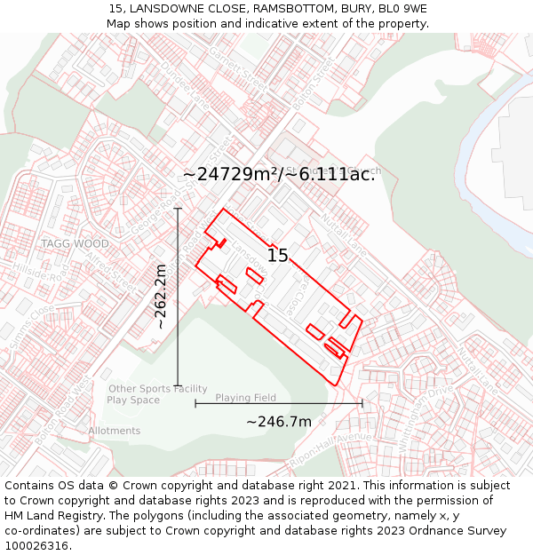 15, LANSDOWNE CLOSE, RAMSBOTTOM, BURY, BL0 9WE: Plot and title map