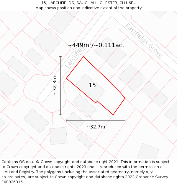 15, LARCHFIELDS, SAUGHALL, CHESTER, CH1 6BU: Plot and title map
