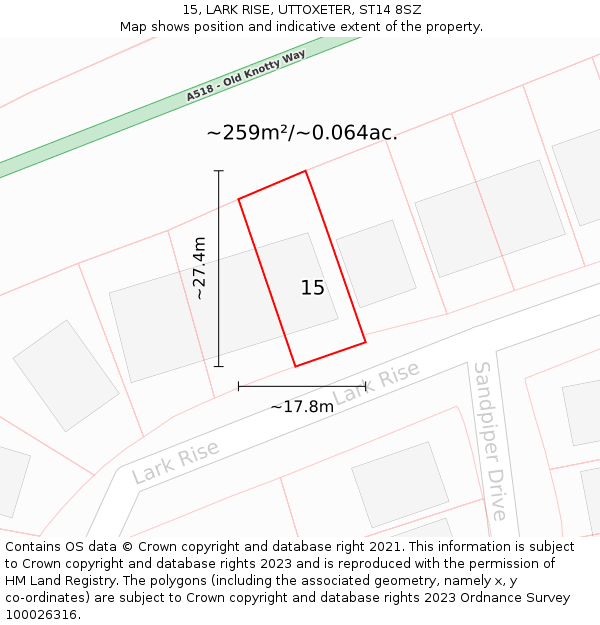 15, LARK RISE, UTTOXETER, ST14 8SZ: Plot and title map