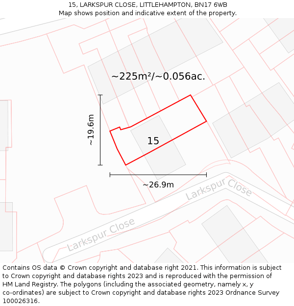 15, LARKSPUR CLOSE, LITTLEHAMPTON, BN17 6WB: Plot and title map